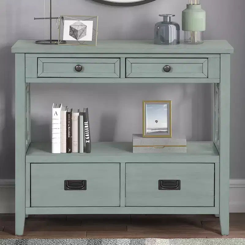 Console de 91 cm, Meuble d'entrée style ferme, Buffet en bois massif, Table de canapé avec 4 tiroirs et 1 étagère de rangement pour entrée, couloir, cuisine