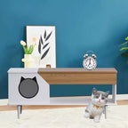 Table Basse Noire de 114 cm avec Tiroir de Rangement et Niche pour Chat Intégrée, Table de Salon Rustique en Bois