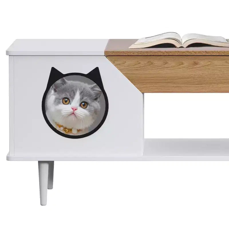 Table Basse Noire de 114 cm avec Tiroir de Rangement et Niche pour Chat Intégrée, Table de Salon Rustique en Bois