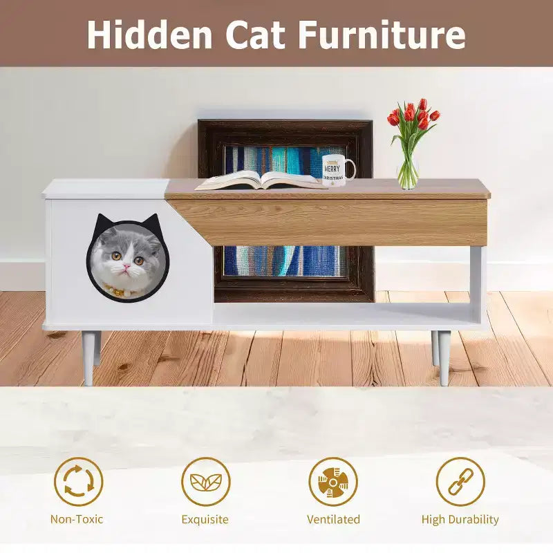 Table Basse Noire de 114 cm avec Tiroir de Rangement et Niche pour Chat Intégrée, Table de Salon Rustique en Bois
