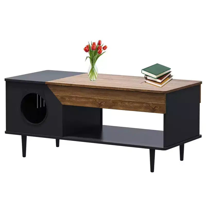 Table Basse Noire de 114 cm avec Tiroir de Rangement et Niche pour Chat Intégrée, Table de Salon Rustique en Bois