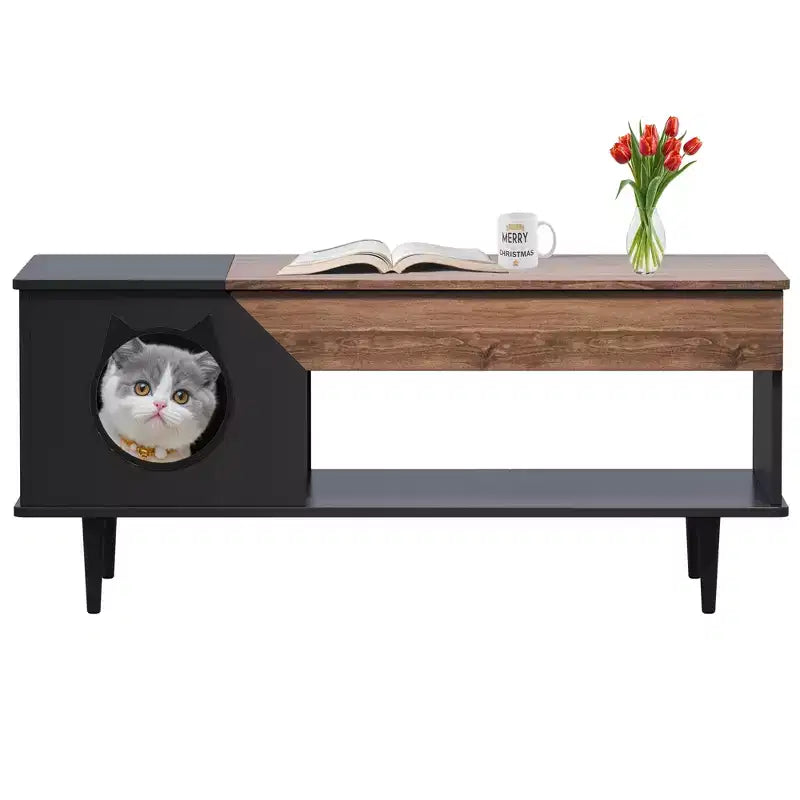Table Basse Noire de 114 cm avec Tiroir de Rangement et Niche pour Chat Intégrée, Table de Salon Rustique en Bois