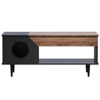 Table Basse Noire de 114 cm avec Tiroir de Rangement et Niche pour Chat Intégrée, Table de Salon Rustique en Bois