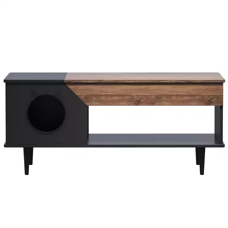 Table Basse Noire de 114 cm avec Tiroir de Rangement et Niche pour Chat Intégrée, Table de Salon Rustique en Bois