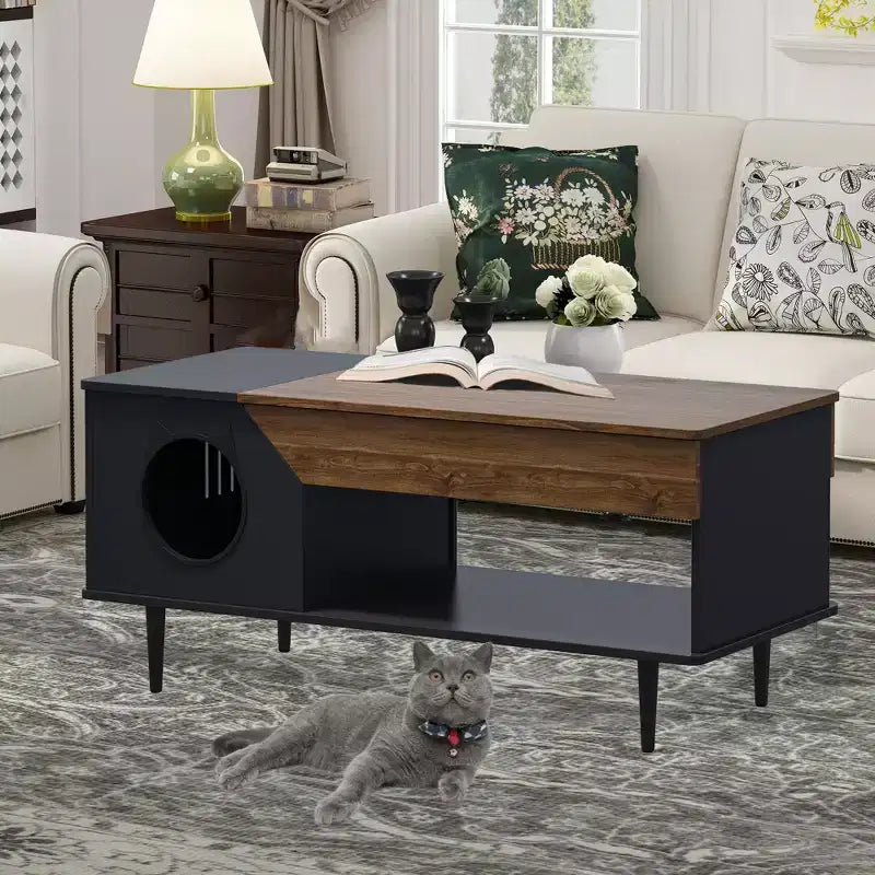 Table Basse Noire de 114 cm avec Tiroir de Rangement et Niche pour Chat Intégrée, Table de Salon Rustique en Bois