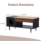 Table Basse Noire de 114 cm avec Tiroir de Rangement et Niche pour Chat Intégrée, Table de Salon Rustique en Bois