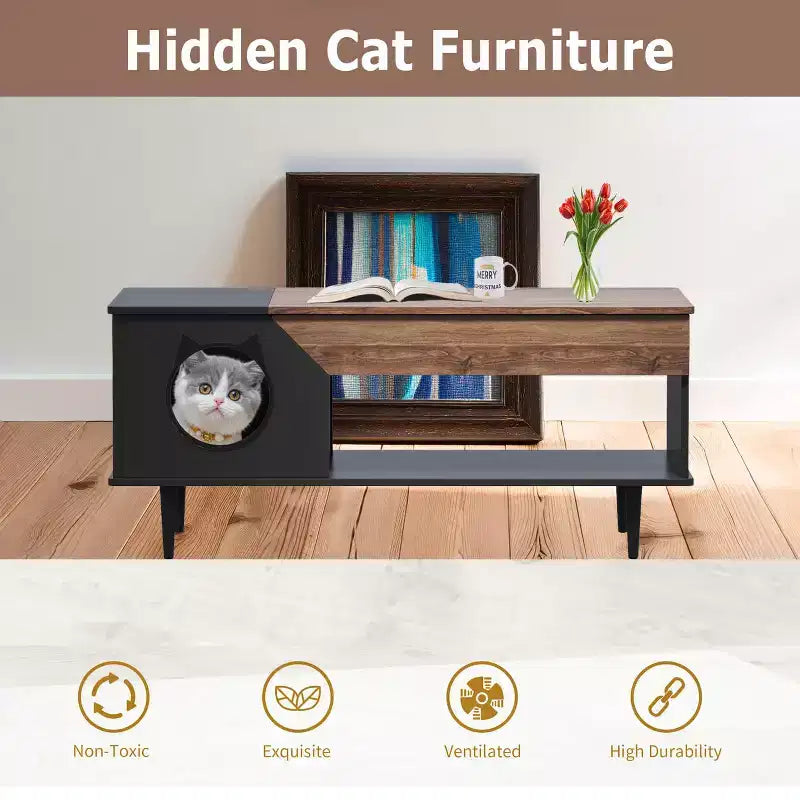 Table Basse Noire de 114 cm avec Tiroir de Rangement et Niche pour Chat Intégrée, Table de Salon Rustique en Bois
