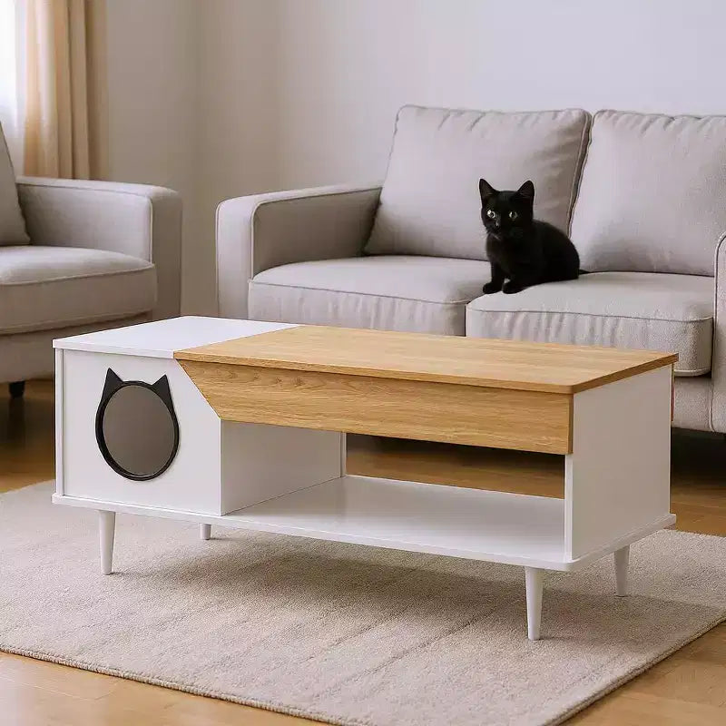Table Basse Noire de 114 cm avec Tiroir de Rangement et Niche pour Chat Intégrée, Table de Salon Rustique en Bois