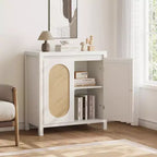 Buffet en rotin Mid-Century avec portes et étagère réglable, Console d'appoint rétro