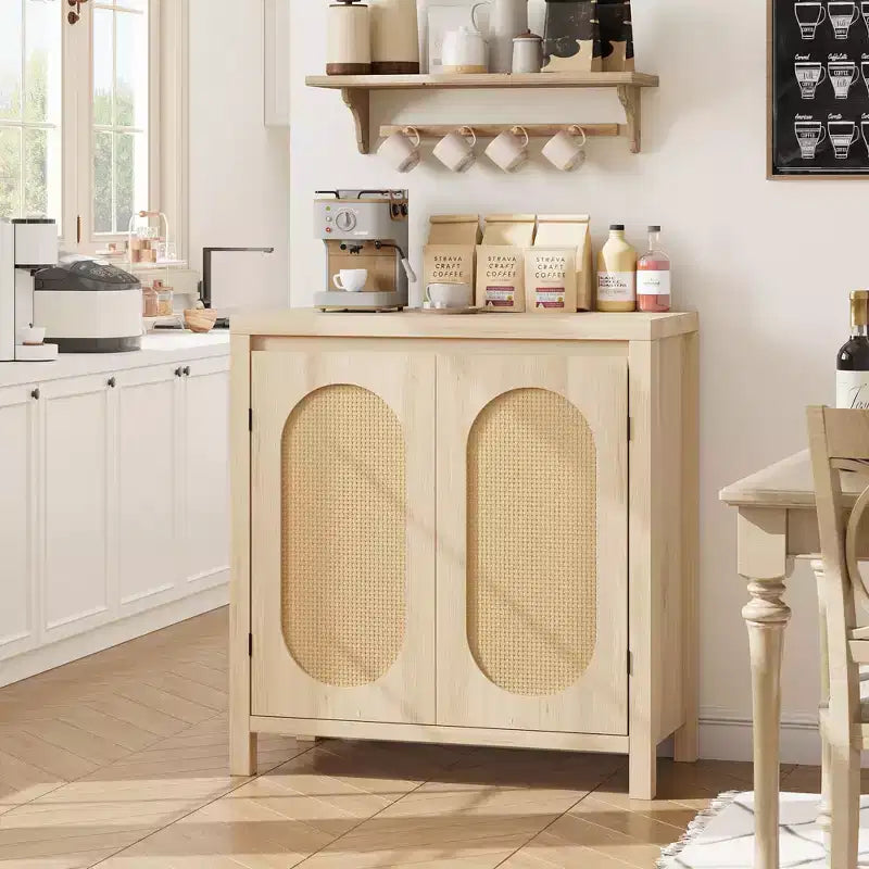 Buffet en rotin Mid-Century avec portes et étagère réglable, Console d'appoint rétro