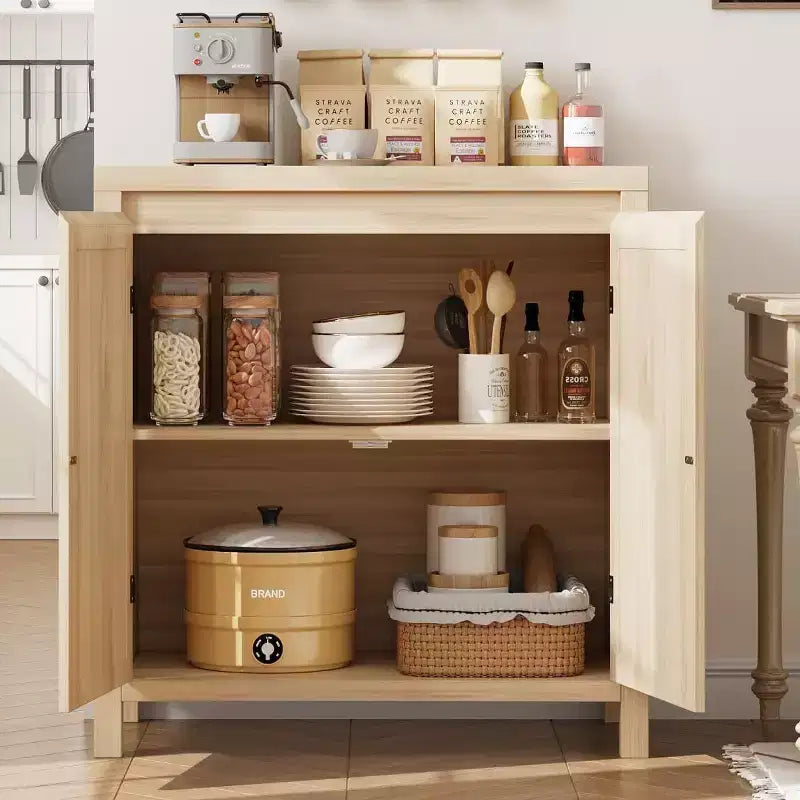 Buffet en rotin Mid-Century avec portes et étagère réglable, Console d'appoint rétro