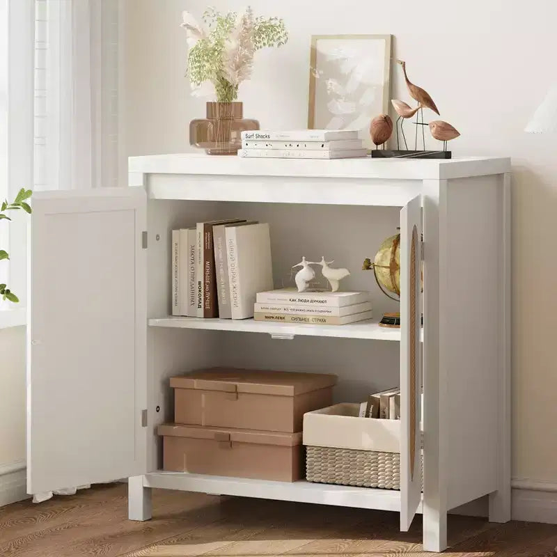 Buffet en rotin Mid-Century avec portes et étagère réglable, Console d'appoint rétro