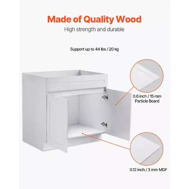 Meuble bas d'évier Shaker non assemblé de 36 po, blanc, prêt à assembler, 36L x 24P x 34.5H