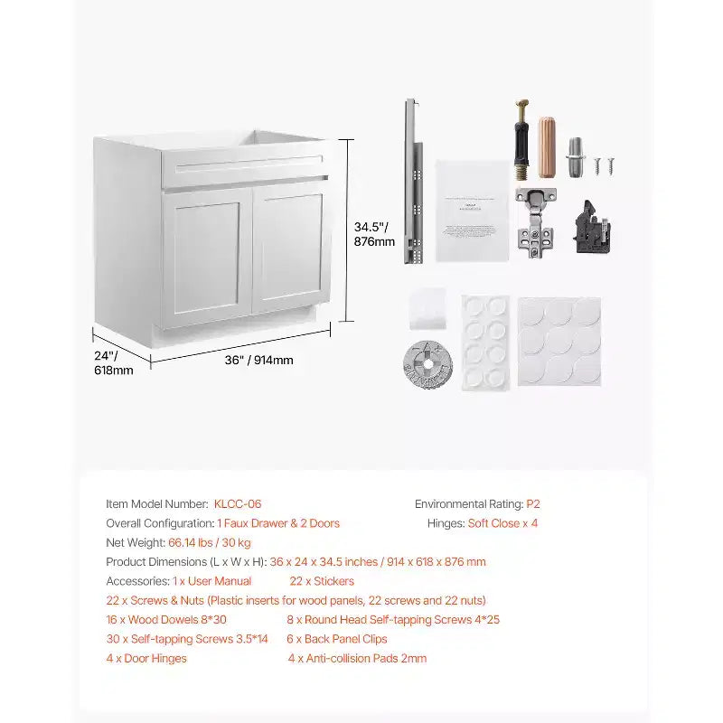 Meuble bas d'évier Shaker non assemblé de 36 po, blanc, prêt à assembler, 36L x 24P x 34.5H