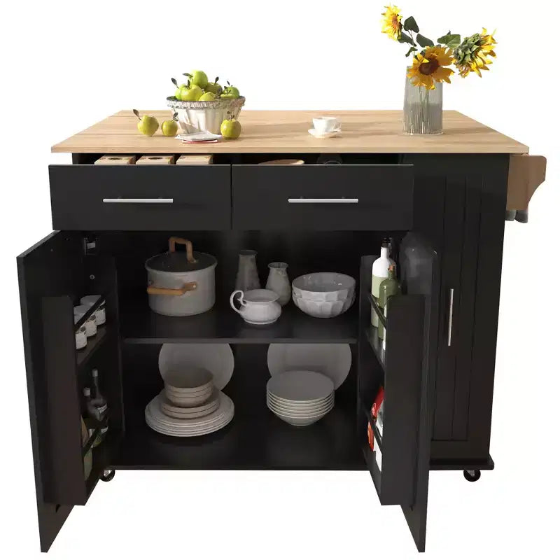 Îlot de cuisine avec abattant, chariot de rangement avec organisateur d'armoire coulissant à 3 niveaux, étagère interne, chariot roulant avec porte-serviettes et 2 tiroirs