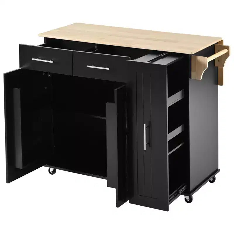 Îlot de cuisine avec abattant, chariot de rangement avec organisateur d'armoire coulissant à 3 niveaux, étagère interne, chariot roulant avec porte-serviettes et 2 tiroirs