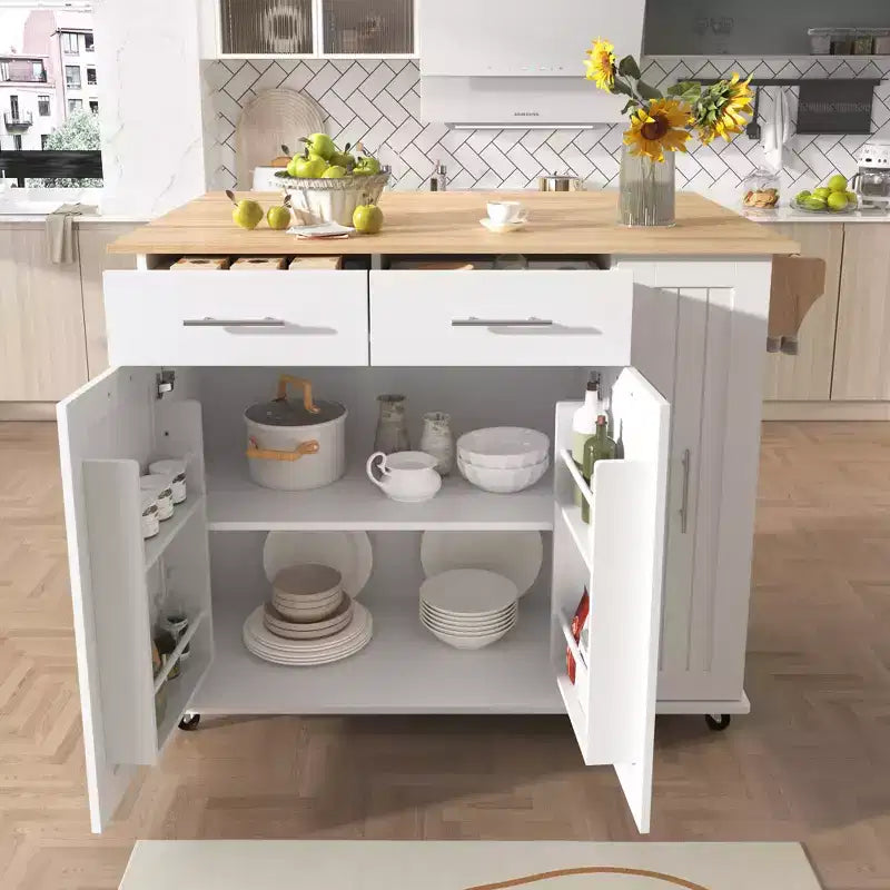 Îlot de cuisine avec abattant, chariot de rangement avec organisateur d'armoire coulissant à 3 niveaux, étagère interne, chariot roulant avec porte-serviettes et 2 tiroirs