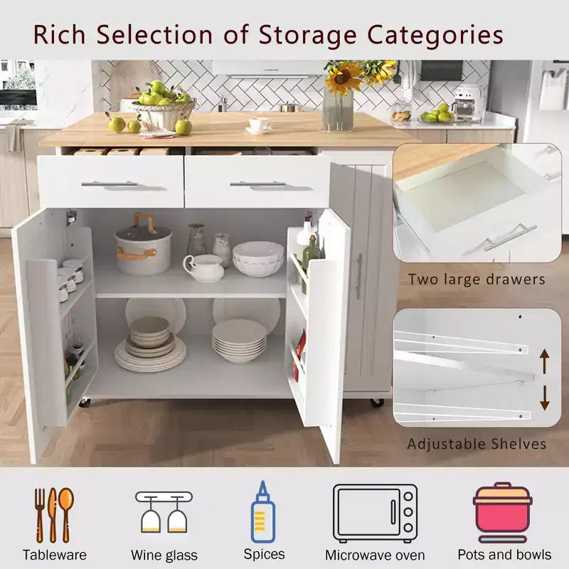 Îlot de cuisine avec abattant, chariot de rangement avec organisateur d'armoire coulissant à 3 niveaux, étagère interne, chariot roulant avec porte-serviettes et 2 tiroirs