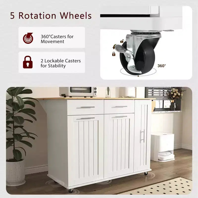 Îlot de cuisine avec abattant, chariot de rangement avec organisateur d'armoire coulissant à 3 niveaux, étagère interne, chariot roulant avec porte-serviettes et 2 tiroirs