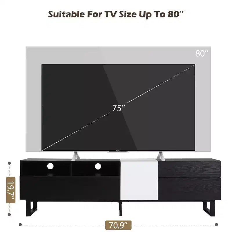Meuble TV Moderne, Meuble TV pour Téléviseurs jusqu'à 80 pouces, Meuble de Divertissement avec Tiroirs et Étagères Ouvertes, Assemblage Facile
