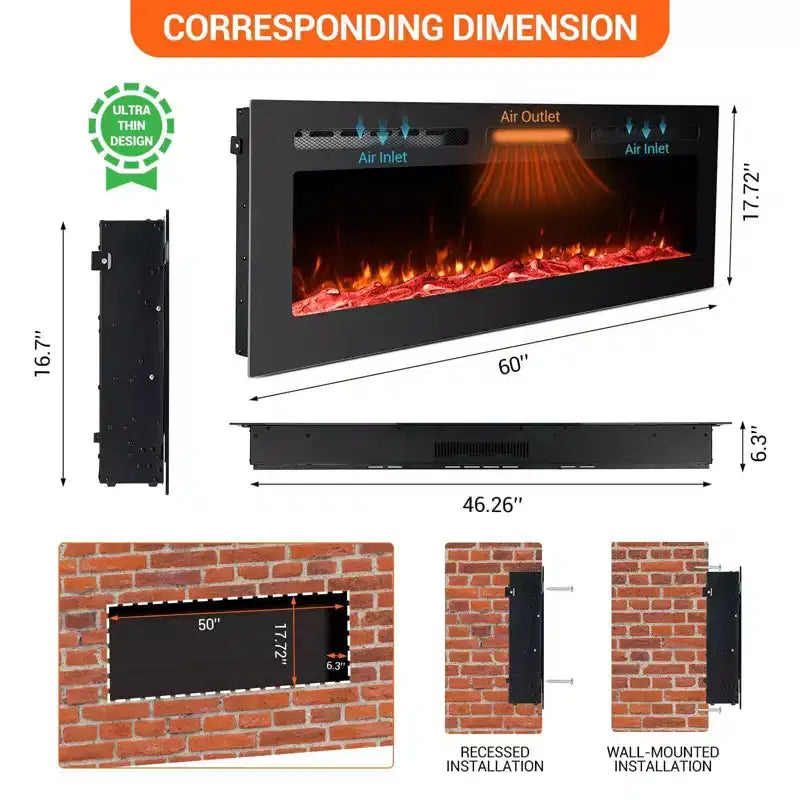 Foyer électrique ultra-mince de 60 pouces, mural/encastré, 144 couleurs de flamme et de lit de braises, chauffage silencieux, 750W/1500W, arrêt de sécurité pour salon