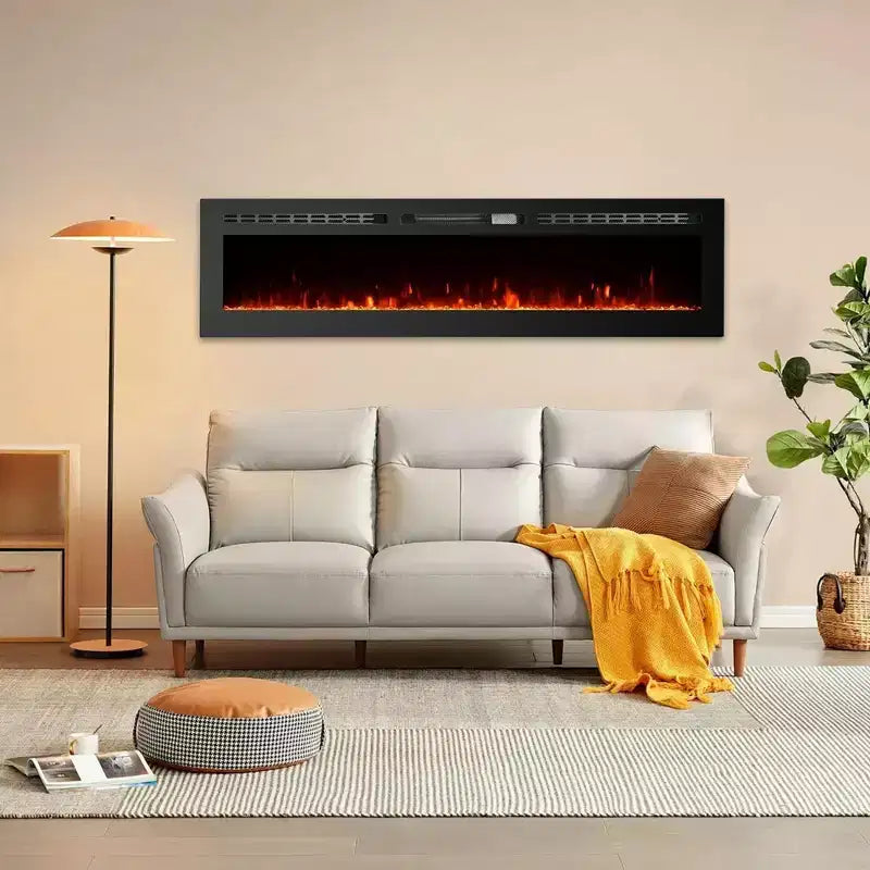 Foyer électrique ultra-mince de 60 pouces, mural/encastré, 144 couleurs de flamme et de lit de braises, chauffage silencieux, 750W/1500W, arrêt de sécurité pour salon
