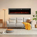 Foyer électrique ultra-mince de 60 pouces, mural/encastré, 144 couleurs de flamme et de lit de braises, chauffage silencieux, 750W/1500W, arrêt de sécurité pour salon