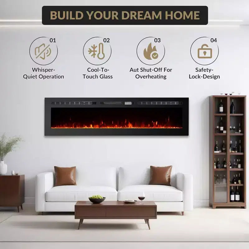 Foyer électrique ultra-mince de 60 pouces, mural/encastré, 144 couleurs de flamme et de lit de braises, chauffage silencieux, 750W/1500W, arrêt de sécurité pour salon