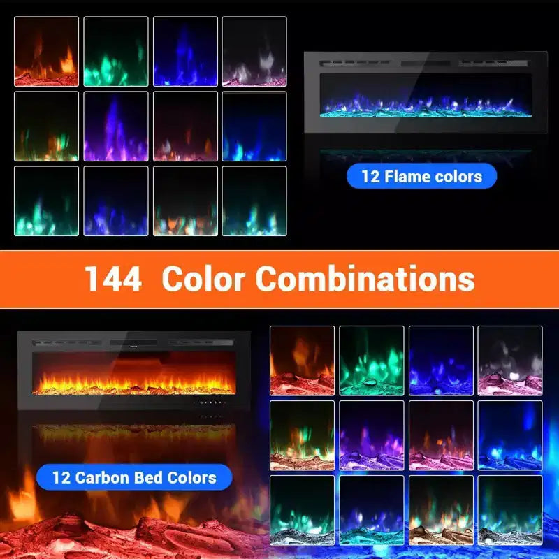 Foyer électrique ultra-mince de 60 pouces, mural/encastré, 144 couleurs de flamme et de lit de braises, chauffage silencieux, 750W/1500W, arrêt de sécurité pour salon