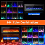 Foyer électrique ultra-mince de 60 pouces, mural/encastré, 144 couleurs de flamme et de lit de braises, chauffage silencieux, 750W/1500W, arrêt de sécurité pour salon