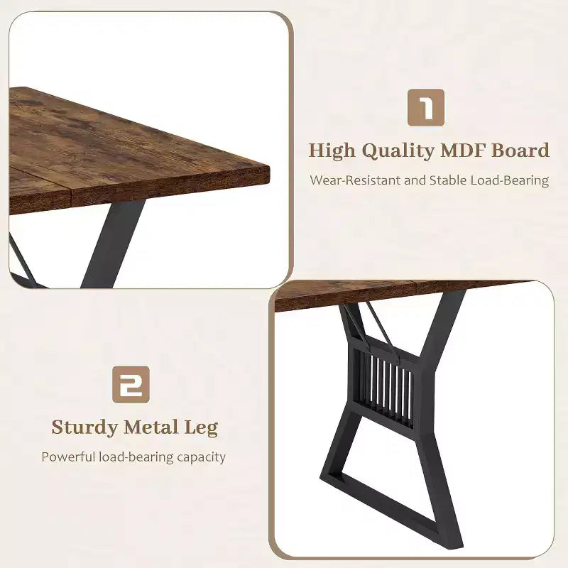 Table à manger de style industriel de 180 cm pour 4 à 6 personnes, table de cuisine rectangulaire en bois avec pieds en métal pour salon et salle à manger.