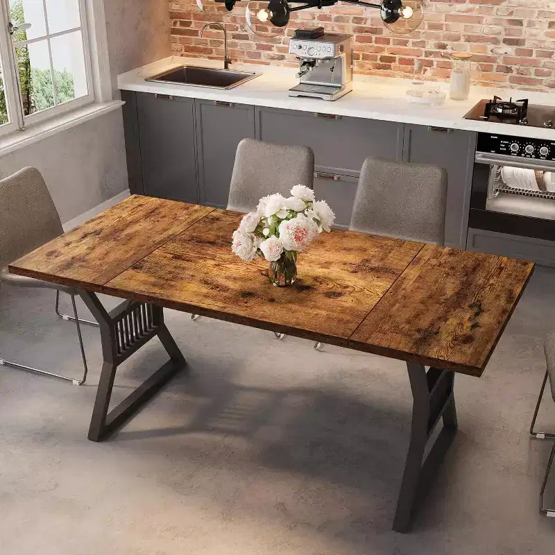 Table à manger de style industriel de 180 cm pour 4 à 6 personnes, table de cuisine rectangulaire en bois avec pieds en métal pour salon et salle à manger.