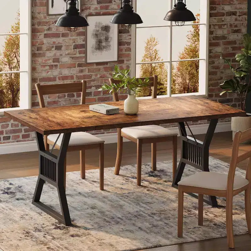 Table à manger de style industriel de 180 cm pour 4 à 6 personnes, table de cuisine rectangulaire en bois avec pieds en métal pour salon et salle à manger.