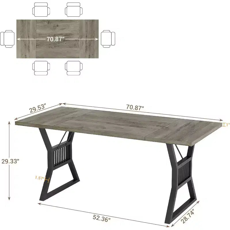 Table à manger de style industriel de 180 cm pour 4 à 6 personnes, table de cuisine rectangulaire en bois avec pieds en métal pour salon et salle à manger.