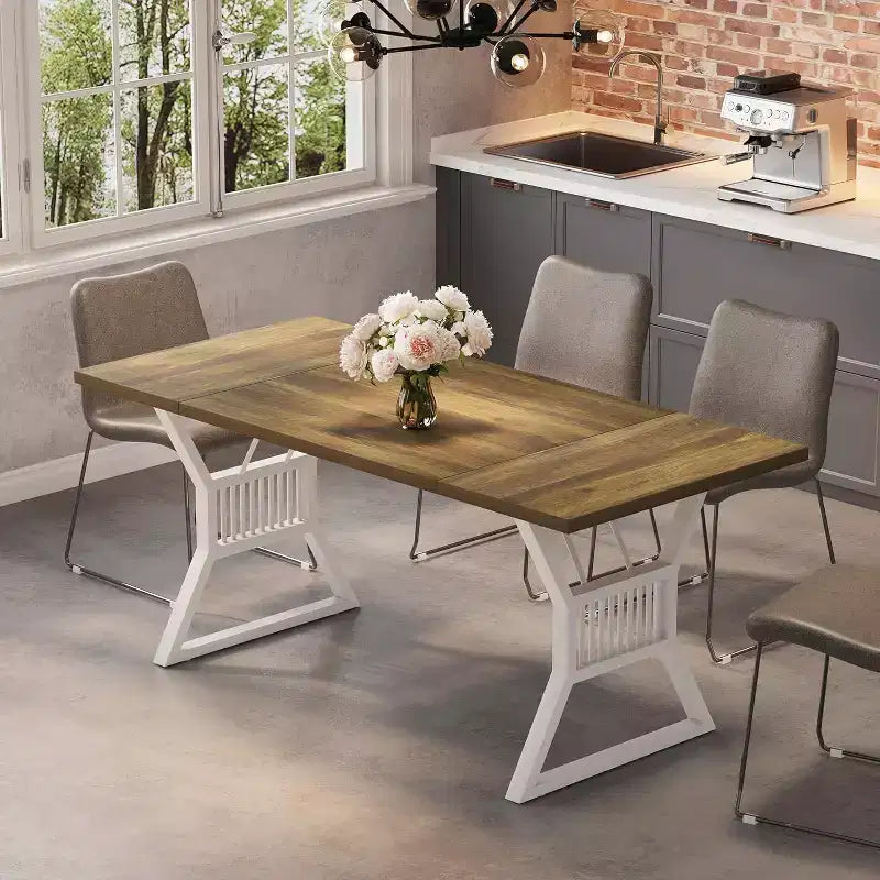 Table à manger de style industriel de 180 cm pour 4 à 6 personnes, table de cuisine rectangulaire en bois avec pieds en métal pour salon et salle à manger.