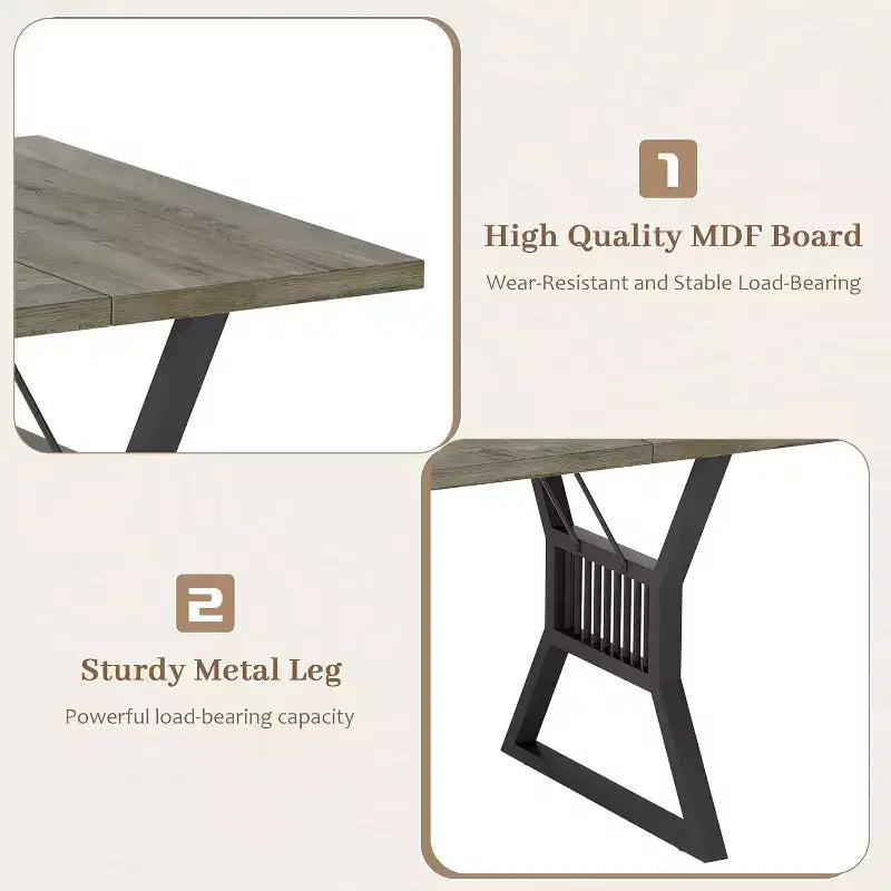 Table à manger de style industriel de 180 cm pour 4 à 6 personnes, table de cuisine rectangulaire en bois avec pieds en métal pour salon et salle à manger.