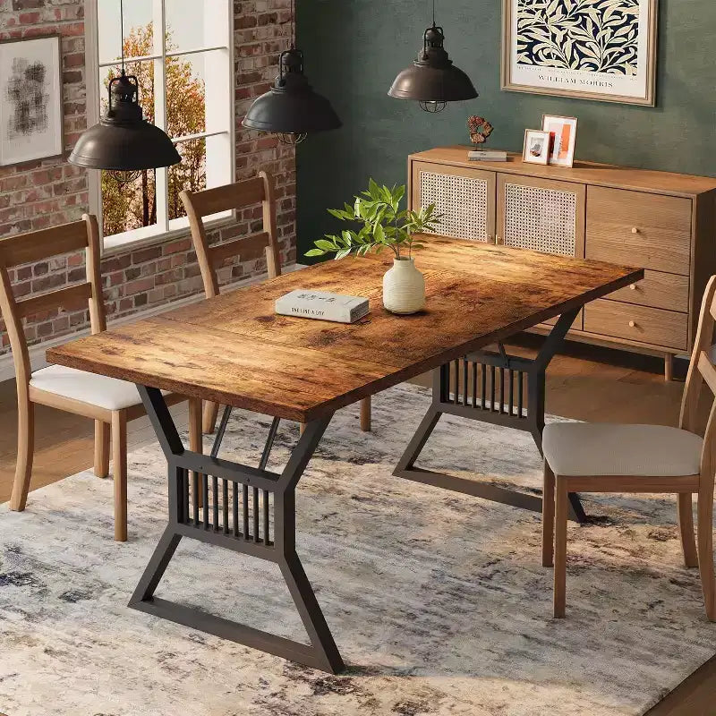Table à manger de style industriel de 180 cm pour 4 à 6 personnes, table de cuisine rectangulaire en bois avec pieds en métal pour salon et salle à manger.