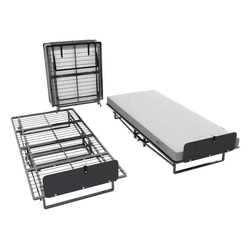 Cadre de lit pliant en métal avec matelas à ressorts ensachés en mousse, rangement facile, 4 roulettes