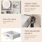 Coiffeuse avec miroir rotatif, Coiffeuse de maquillage avec miroir réglable, Coiffeuse avec 2 tiroirs, Étagères de rangement et Tabouret pour chambre à coucher