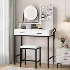 Coiffeuse avec miroir rotatif, Coiffeuse de maquillage avec miroir réglable, Coiffeuse avec 2 tiroirs, Étagères de rangement et Tabouret pour chambre à coucher