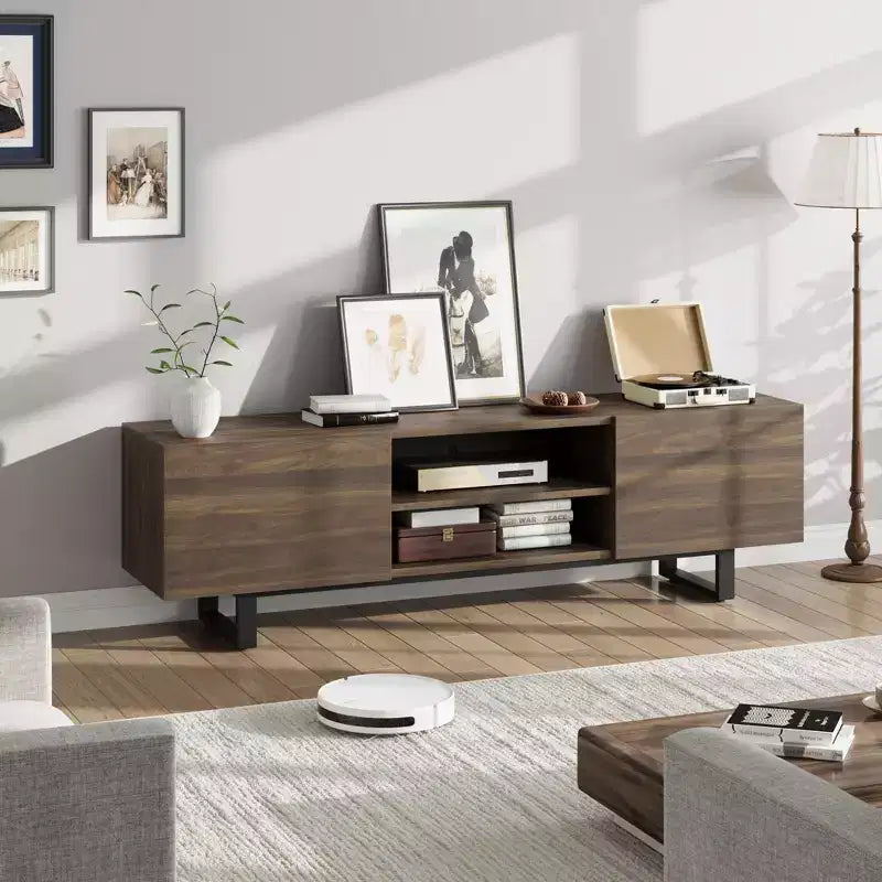 Meuble TV de style industriel avec deux tiroirs, adapté aux téléviseurs de 80 pouces, meuble multimédia en bois pour salons
