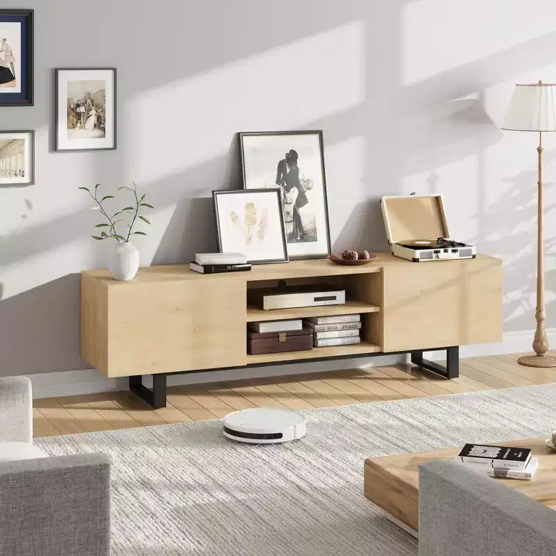 Meuble TV de style industriel avec deux tiroirs, adapté aux téléviseurs de 80 pouces, meuble multimédia en bois pour salons