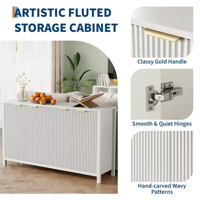 Buffet bas cannelé moderne de 55 po, buffet à 4 portes avec étagère réglable, finition bois