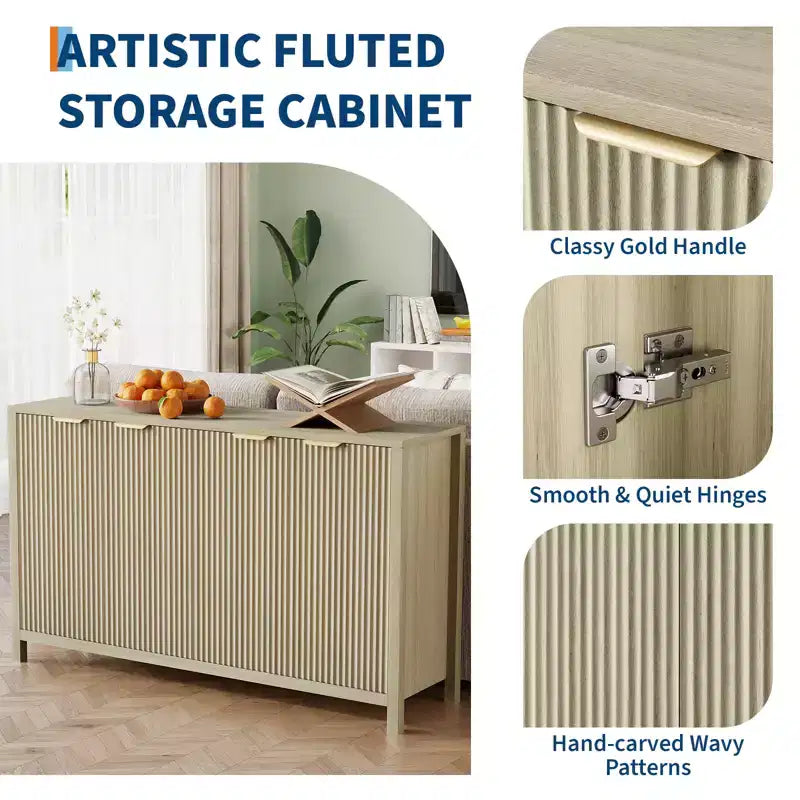 Buffet bas cannelé moderne de 55 po, buffet à 4 portes avec étagère réglable, finition bois