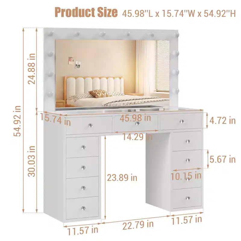 Coiffeuse avec prise de courant, meuble-lavabo à 11 tiroirs avec miroir et 12 lumières LED, convient aux chambres à coucher