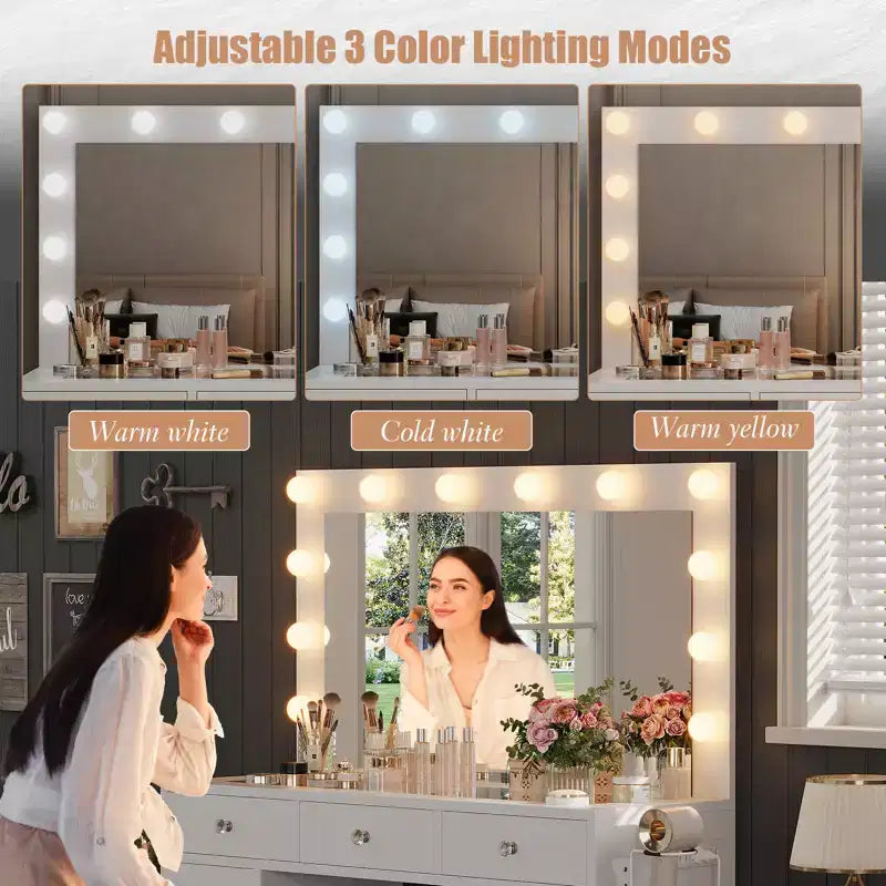 Coiffeuse avec prise de courant, meuble-lavabo à 11 tiroirs avec miroir et 12 lumières LED, convient aux chambres à coucher