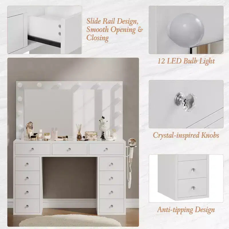 Coiffeuse avec prise de courant, meuble-lavabo à 11 tiroirs avec miroir et 12 lumières LED, convient aux chambres à coucher