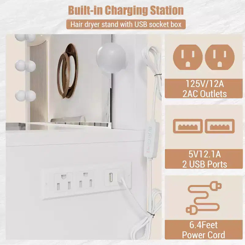 Coiffeuse avec prise de courant, meuble-lavabo à 11 tiroirs avec miroir et 12 lumières LED, convient aux chambres à coucher