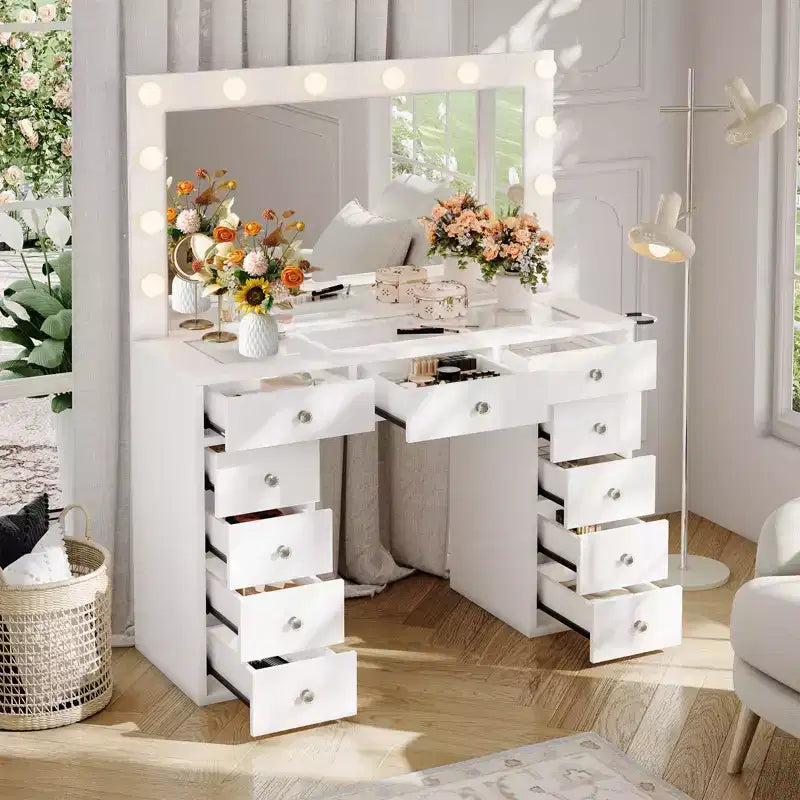 Coiffeuse avec prise de courant, meuble-lavabo à 11 tiroirs avec miroir et 12 lumières LED, convient aux chambres à coucher