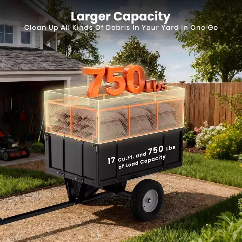 Remorque utilitaire en acier robuste, remorque tout-terrain à benne basculante, 480 litres, capacité de 340 kg avec ridelles amovibles, remorque de jardin à atteler derrière un véhicule utilitaire.
